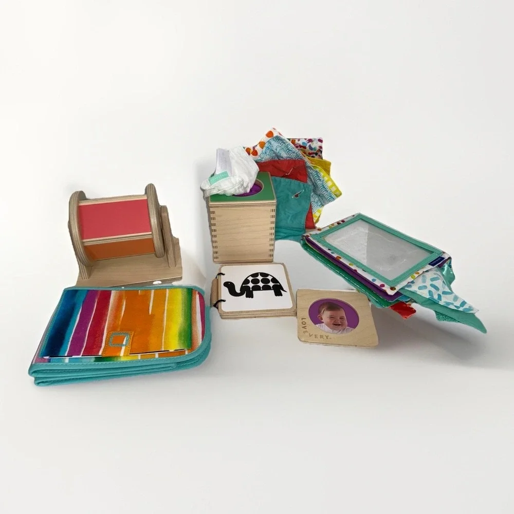 Lovevery Baby Toy Lot Sensory Tissue Box Flash Cards Wooden Montessori Toys